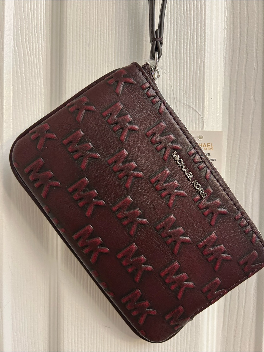 Michael Kors Burgundy MK-Embossed Leather Wristlet Pouch